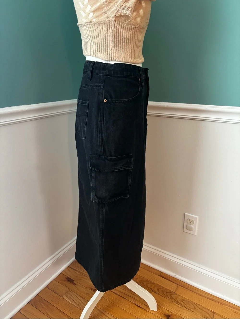 Sincerely Jules Black Cargo Denim Maxi Skirt Y2K Utility Grunge 7/27 Front Slit